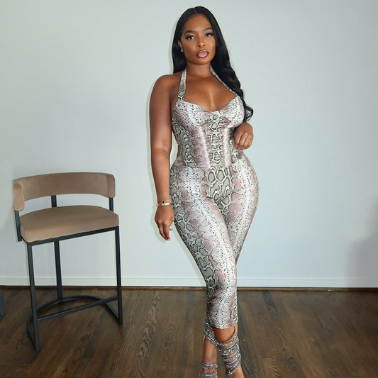 MB1407 Snake Print Halter Capri Jumpsuit for Women