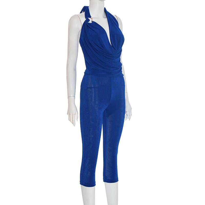 MB1055 Women's Draped Neck Top and Skinny Pants Two-Piece Set