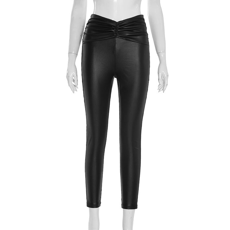 MB1089 Women's Faux Leather Ruched High Waist Pants