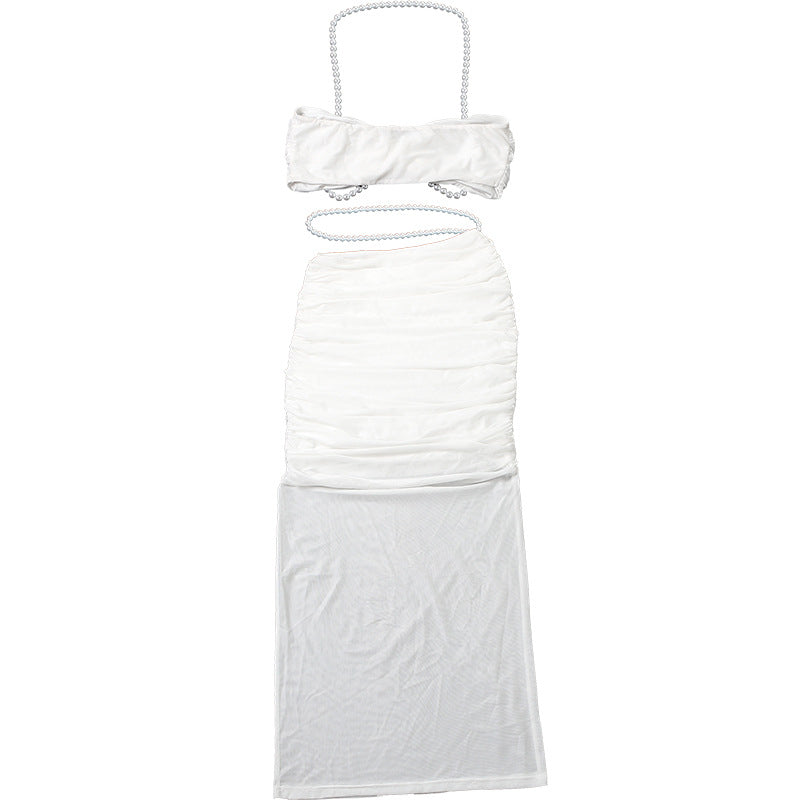 MB1128 Pearl Accent Crop Top & Ruched Bodycon Maxi Skirt Two Piece Set