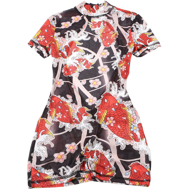 MB1112 Graphic Print Sheer Tight Backless Romper