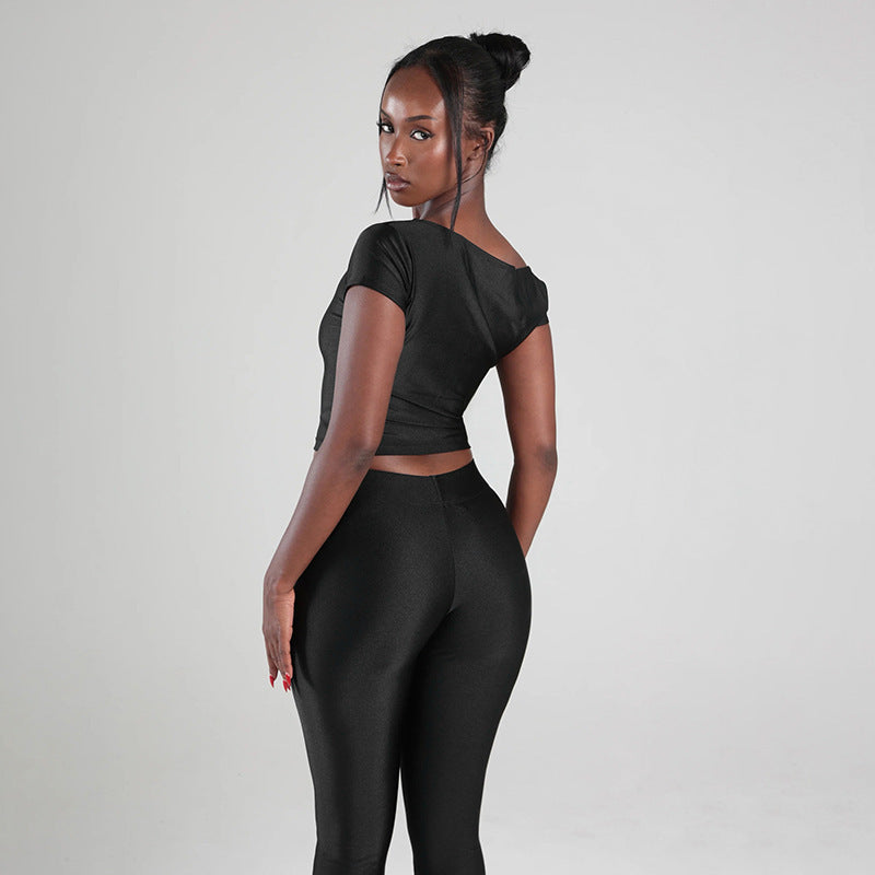 MB10155 Women's One Shoulder Crop Top with Capri Pants 2 Piece Set