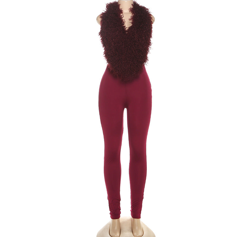 MB1801 Women's Faux Fur Trim Top & High Waist Leggings Two-Piece Outfit