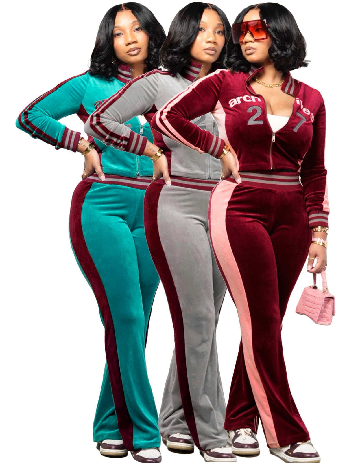 MB1735 Velour Cropped Jacket & Side‑Stripe Flare Pants 2‑Piece Set
