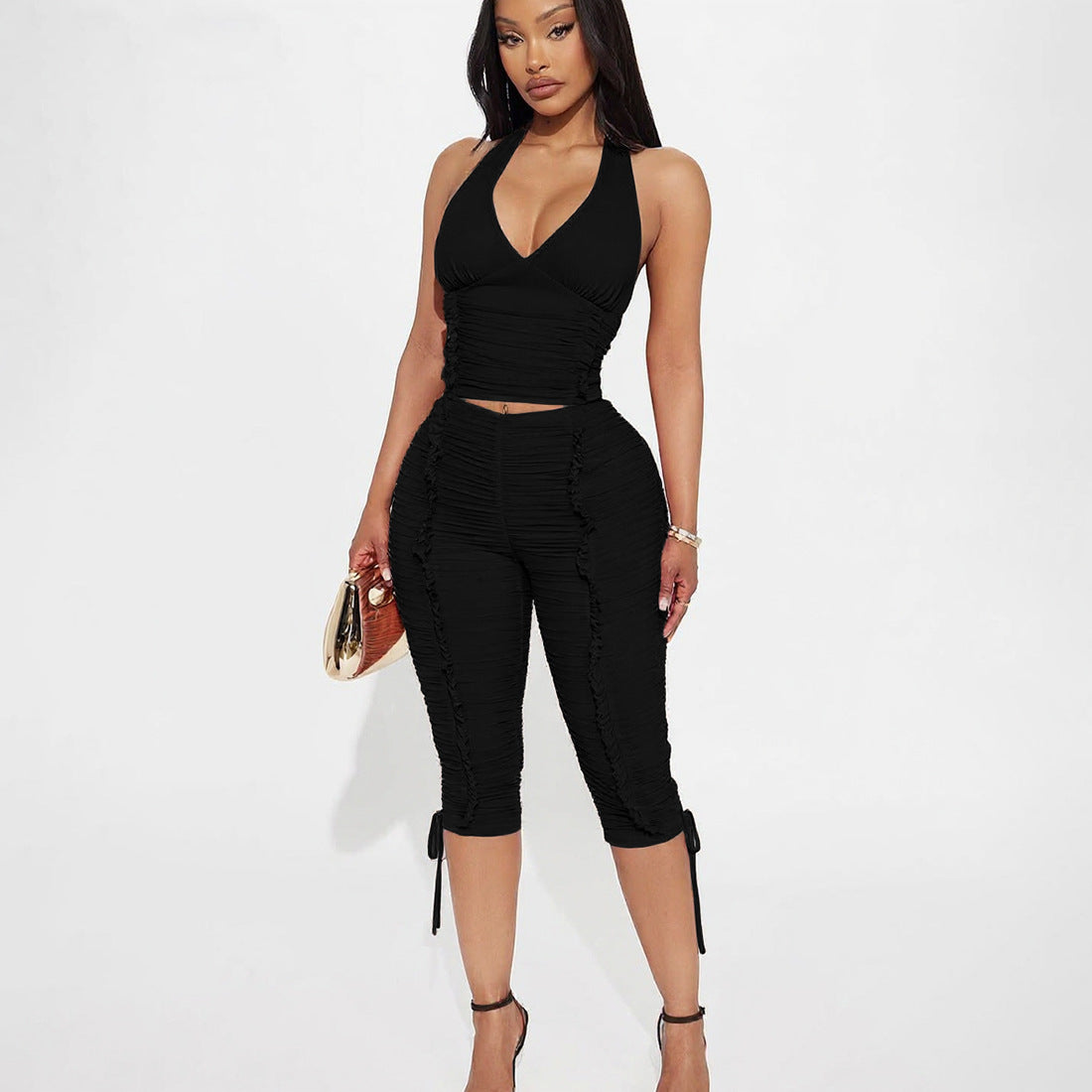 MB1821 Halter Ruched Crop Top & Capri Pants 2 Piece Set