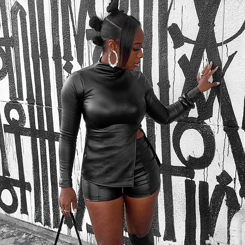 MB10122 Faux Leather Long Sleeve Split Top & High Waist Shorts