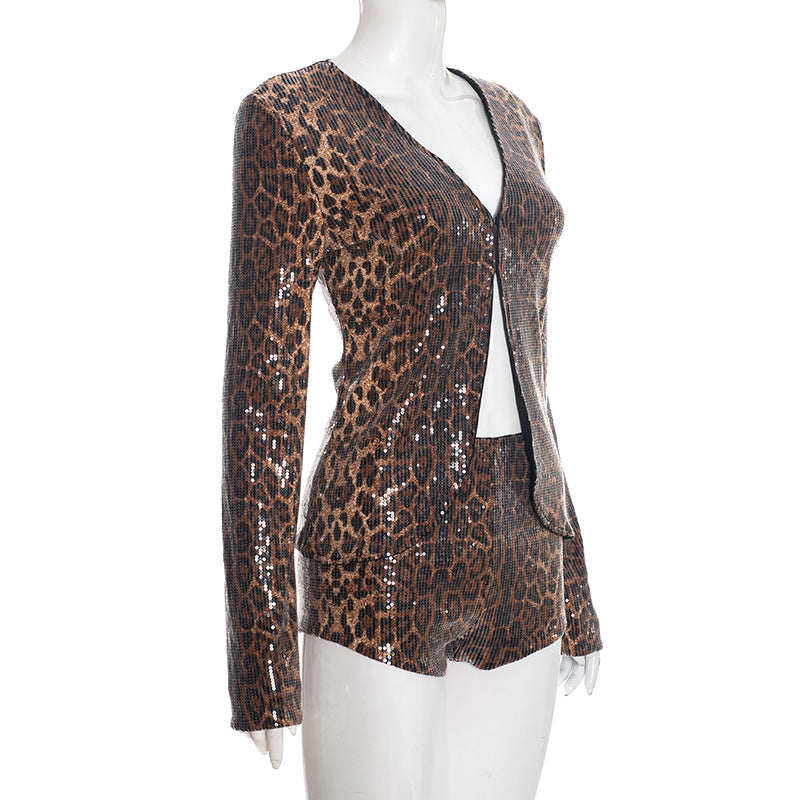 MB10123 Leopard Sequin Two Piece Set - Long Sleeve Blazer & High Waist Shorts