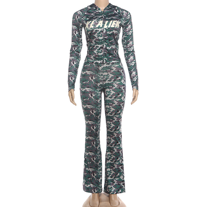 MB1830 Women's Leopard Print Zip Up Hoodie & Flared Pants 2 Piece Set