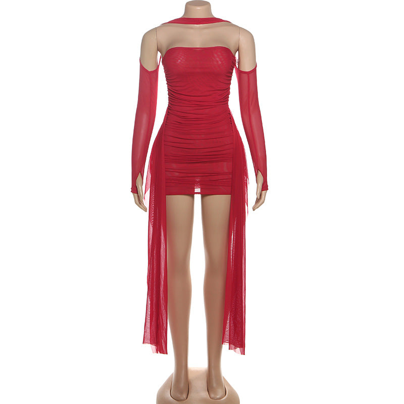 MB1808 Women's Ruched Tulle Sleeve Mini Dress