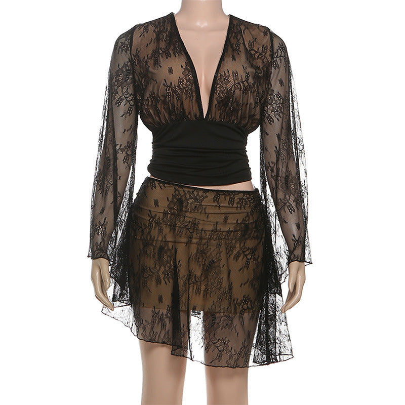 MB1141 Black Sheer Deep V Crop Top & Mini Skirt for Women