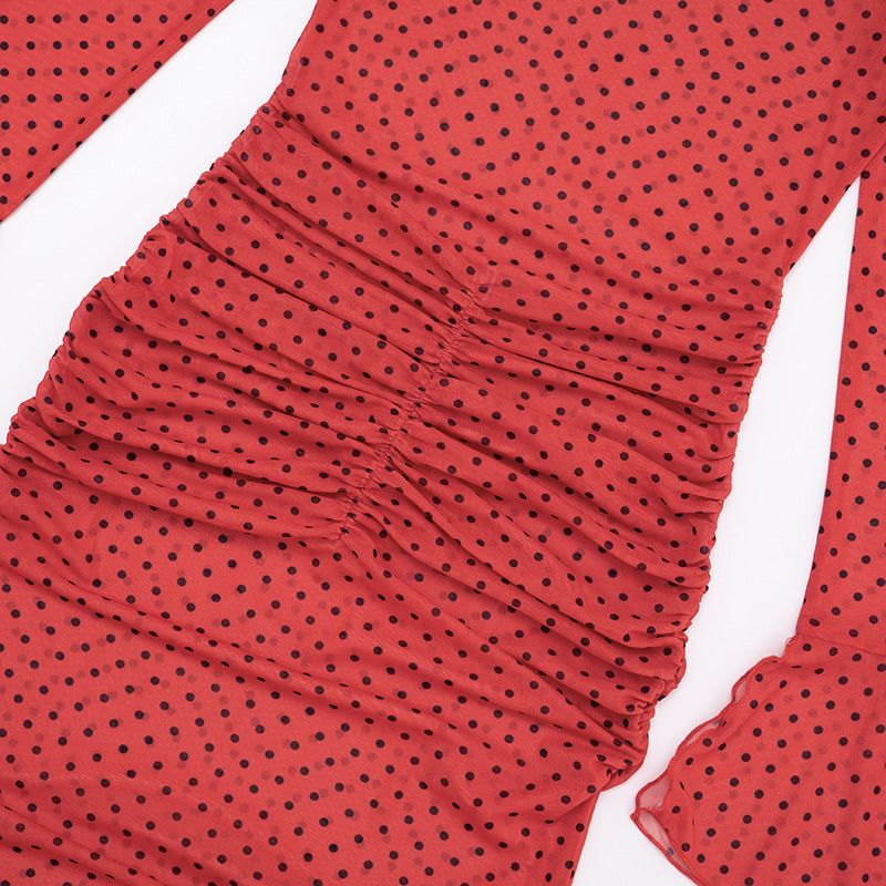 MB1417 Red Polka Dot Flared Sleeve Maxi Dress for Women