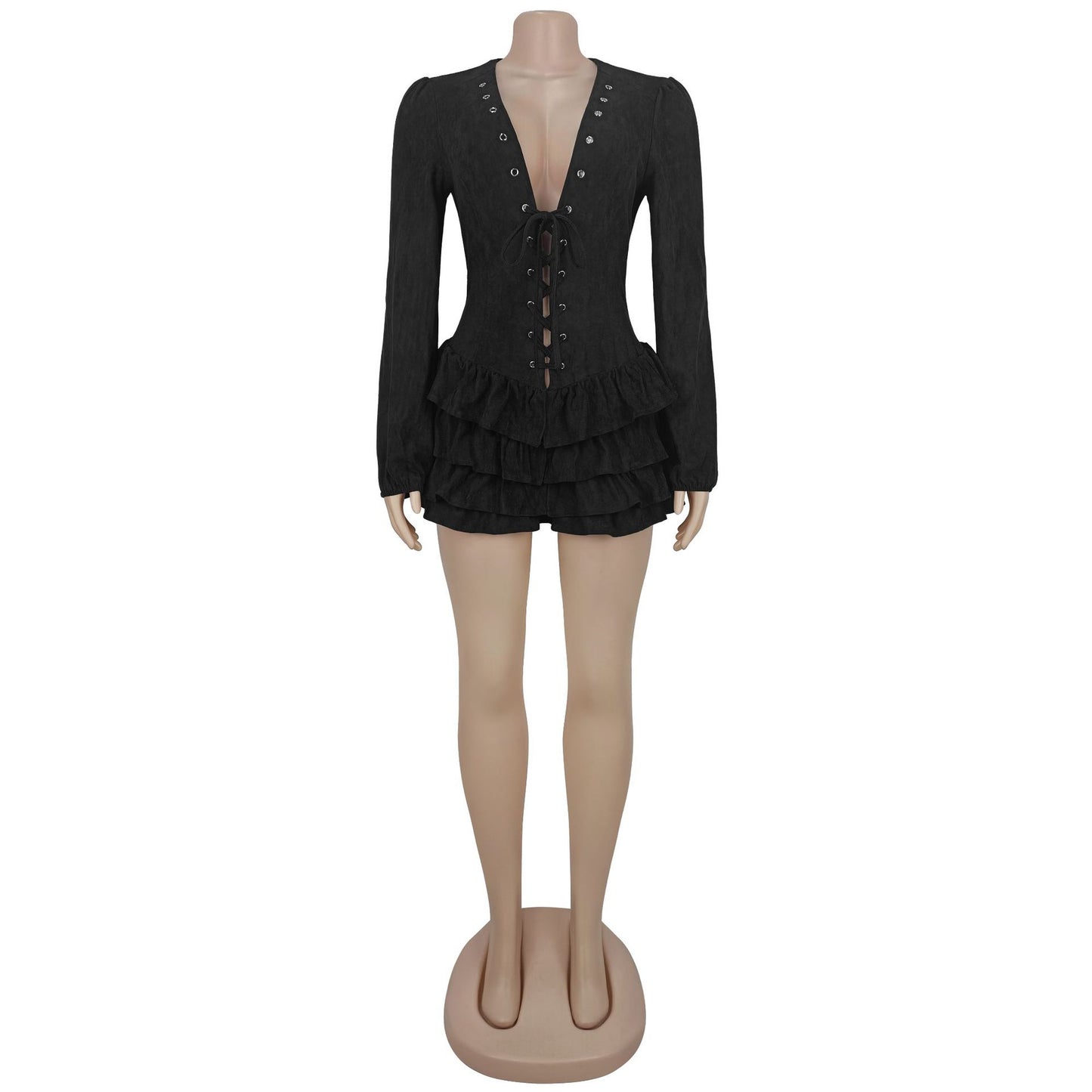 MB1610 Faux Suede Corset Mini Dress - Tiered Ruffle Party Dress