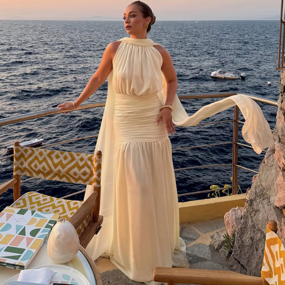 MB1121 Cape Back Ruched Maxi Dress