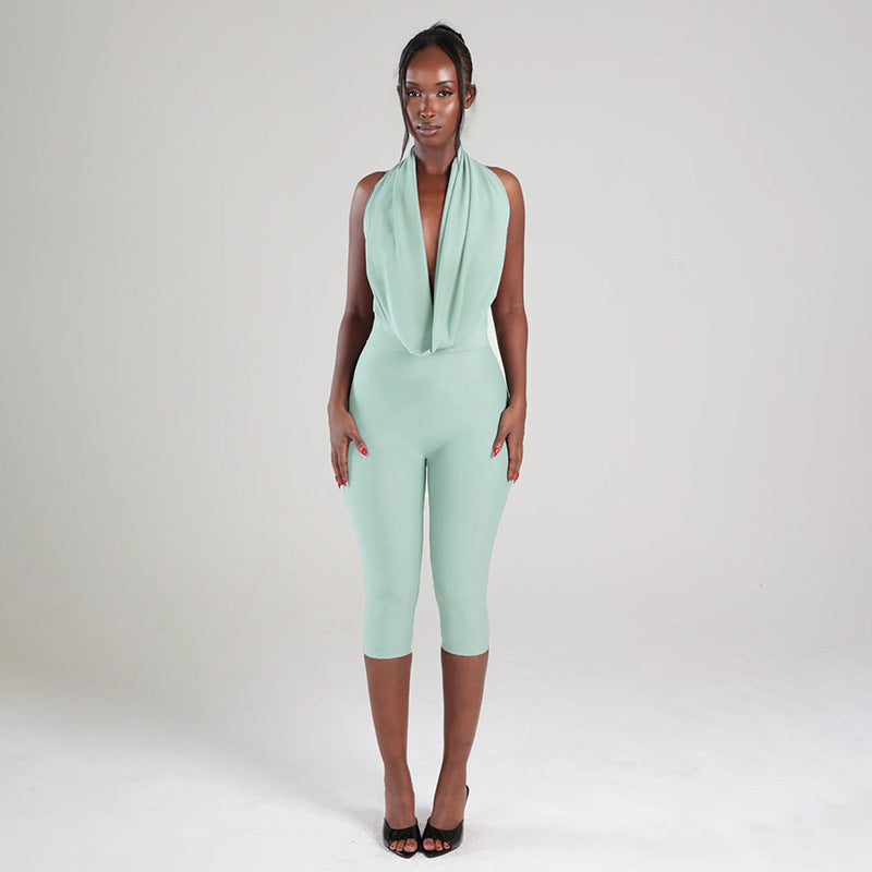 MB10154 Women's Halter Neck Deep V Cowl Front Capri Jumpsuit
