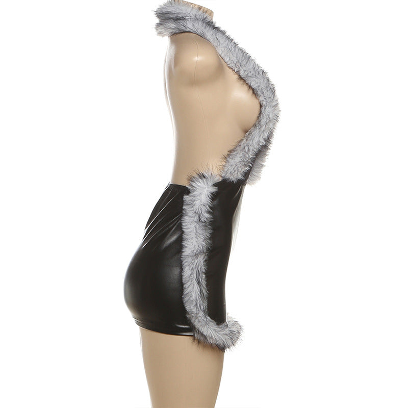 MB1507 Faux Leather Halter Mini Dress with Faux Fur Trim