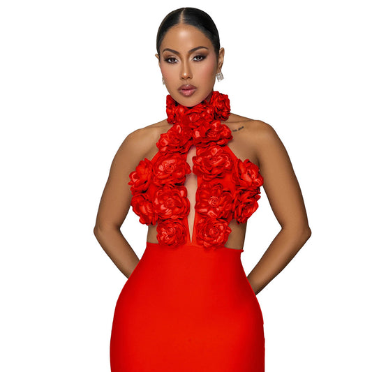 MB1227 Red 3D Floral Applique Halter Maxi Dress | Backless Bodycon Evening Gown