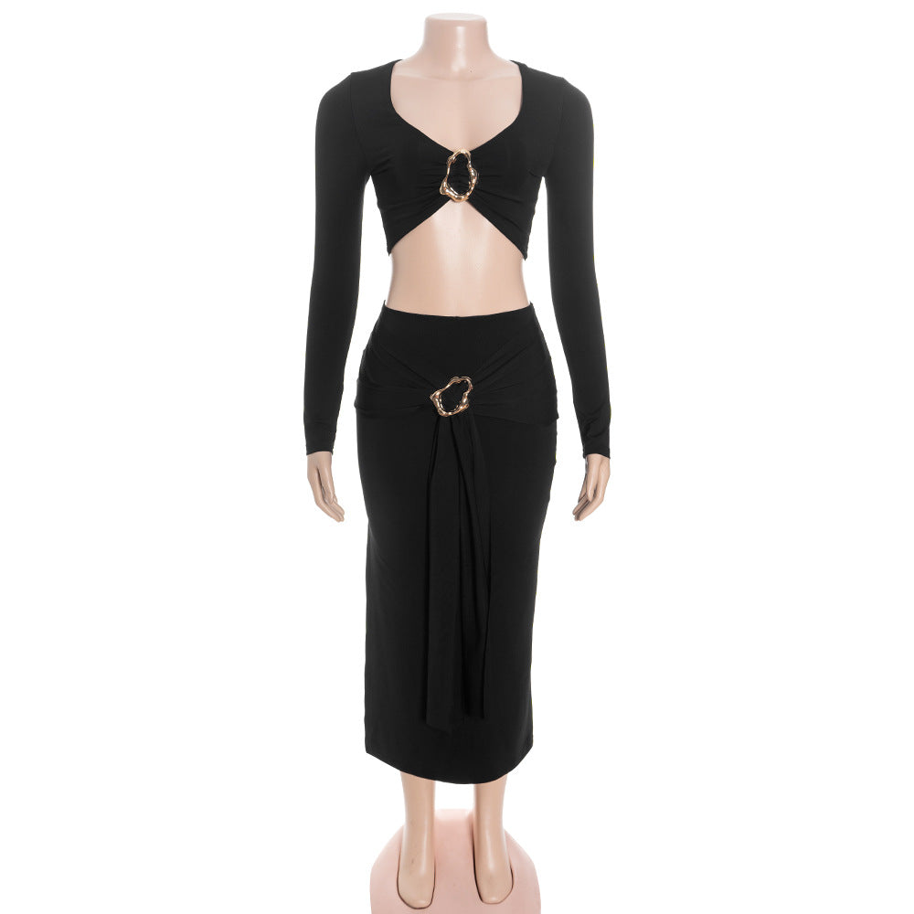 MB1319 Long Sleeve Crop Top & Maxi Skirt Two Piece Set