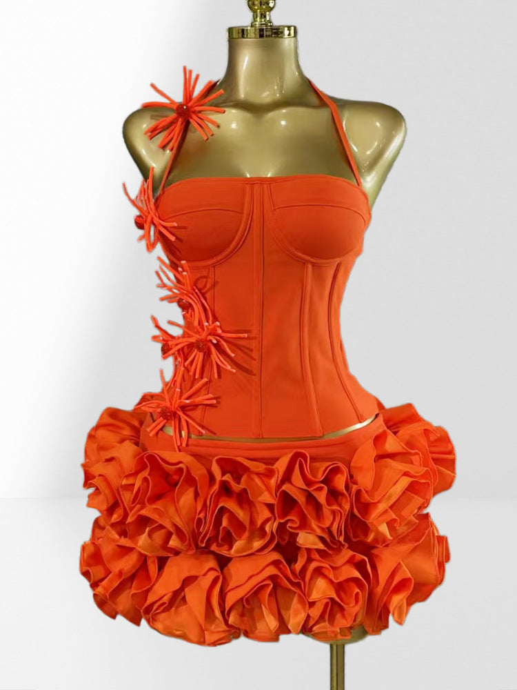 MB2110 3D Floral Ruffle Two‑Piece Bandage Set, Halter Top Mini Skirt utfit