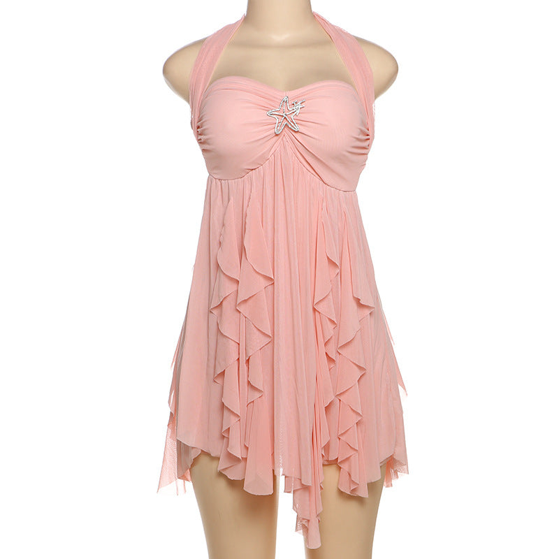 MB1113 Sexy Halter Backless Mini Dress with Ruffled Hem