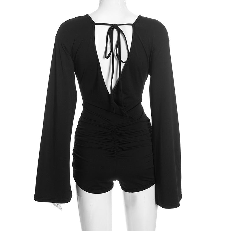 MB1451 Black Plunge V Neck Ruched Romper