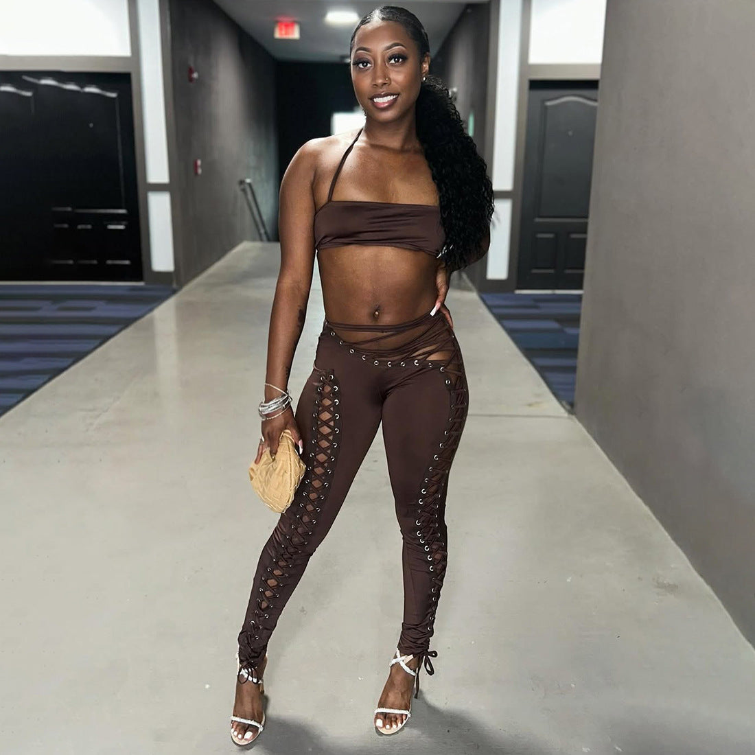 MB1807 Women's Nude Halter Bandeau Crop Top & Waist-Leg Lace-Up High-Waist Leggings Two-Piece Outfit