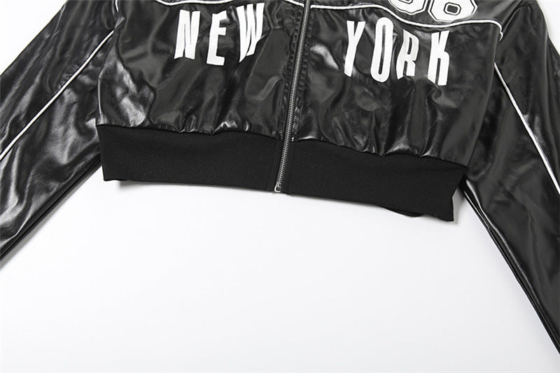 MB1106 Black Cropped PU Leather Bomber Jacket