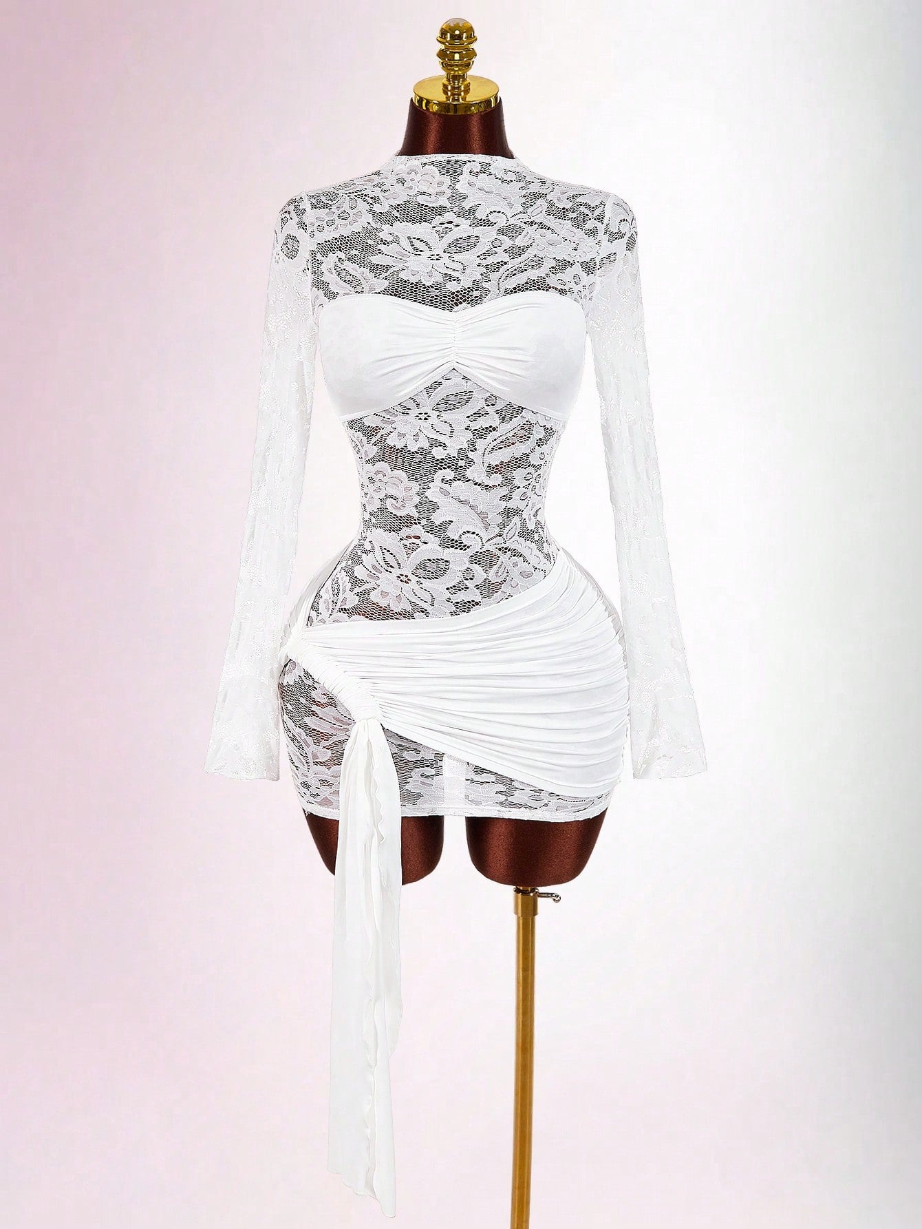 MB2004  White Lace Sheer Long Sleeve Bodycon Mini Dress - Ruched Draped Party Dress for Women 