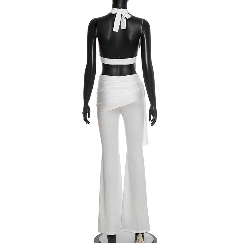 MB10160 Women's Halter Neck Deep V Crop Top with Flared Pants 2 Piece Set