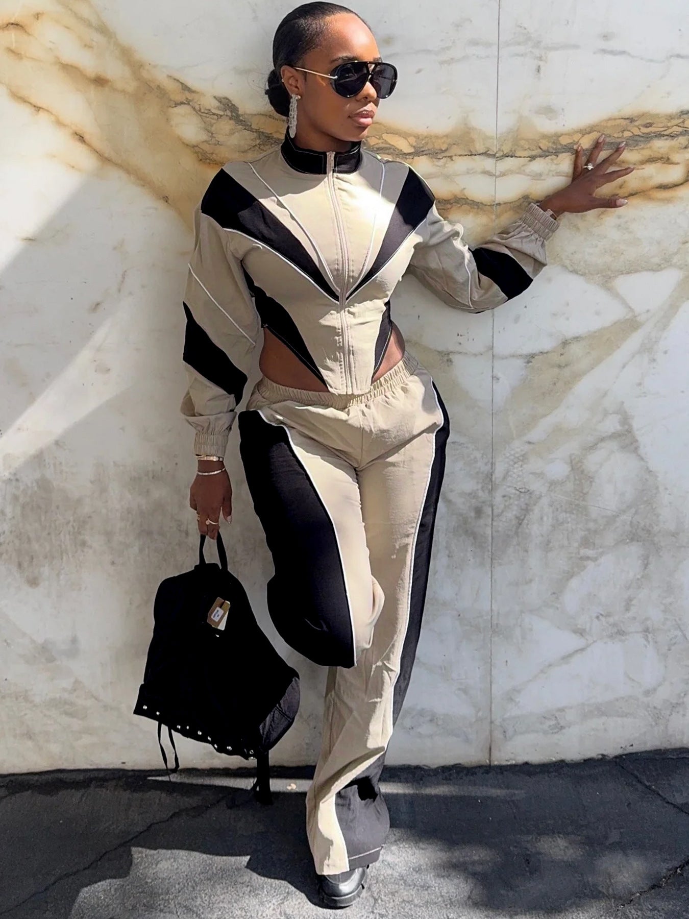 MB1705 Color Block Crop Jacket & Wide Leg Pants Two-Piece Set for Women