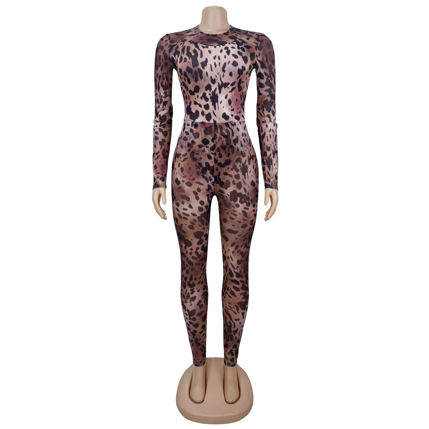 MB1607 Taupe Leopard Print Sheer Mesh Bodycon Jumpsuit