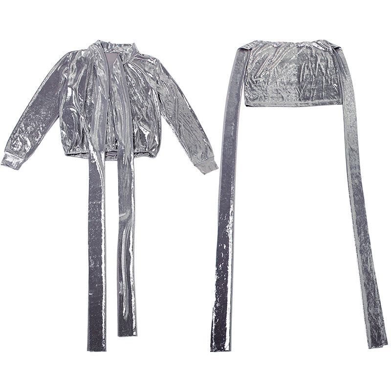 MB1509 Metallic 2-Piece Set: Long Sleeve Wrap Top and Bodycon Mini Skirt