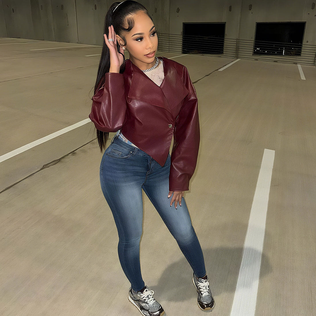 MB1131 PU Leather Cropped Blazer for Women