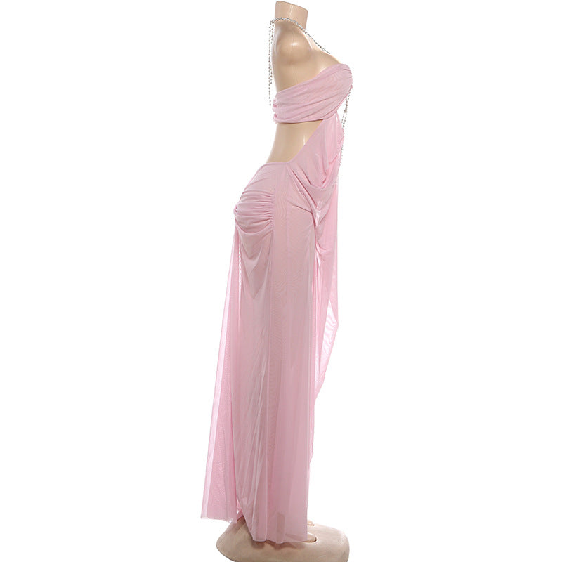 MB1902 Light Blue Sheer Mesh Halter Maxi Dress – Rhinestone Cutout Party Gown