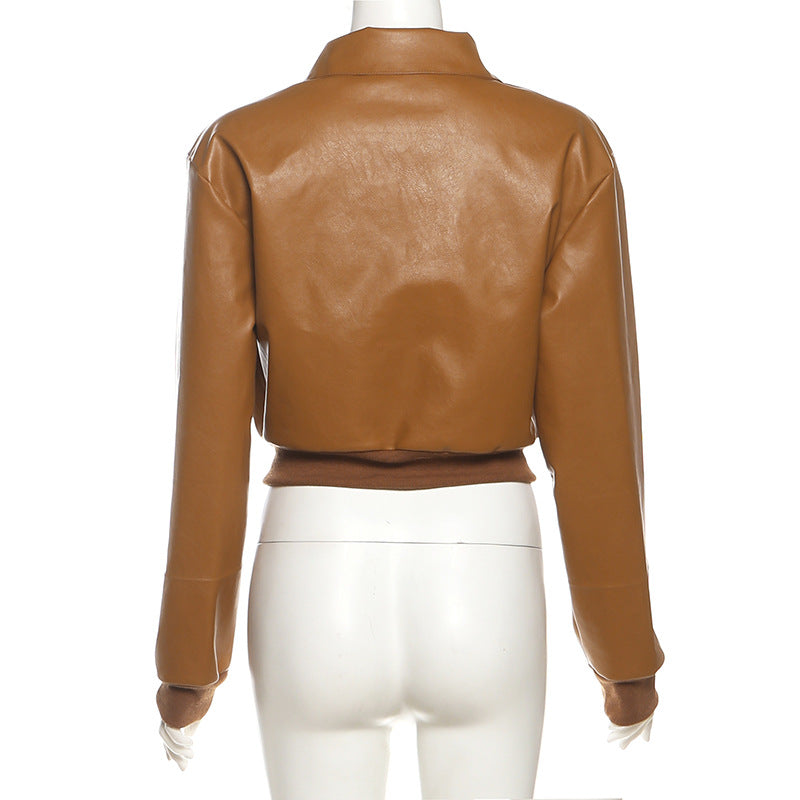 MB1137 Tan Cropped PU Leather Bomber Jacket with Cargo Pockets