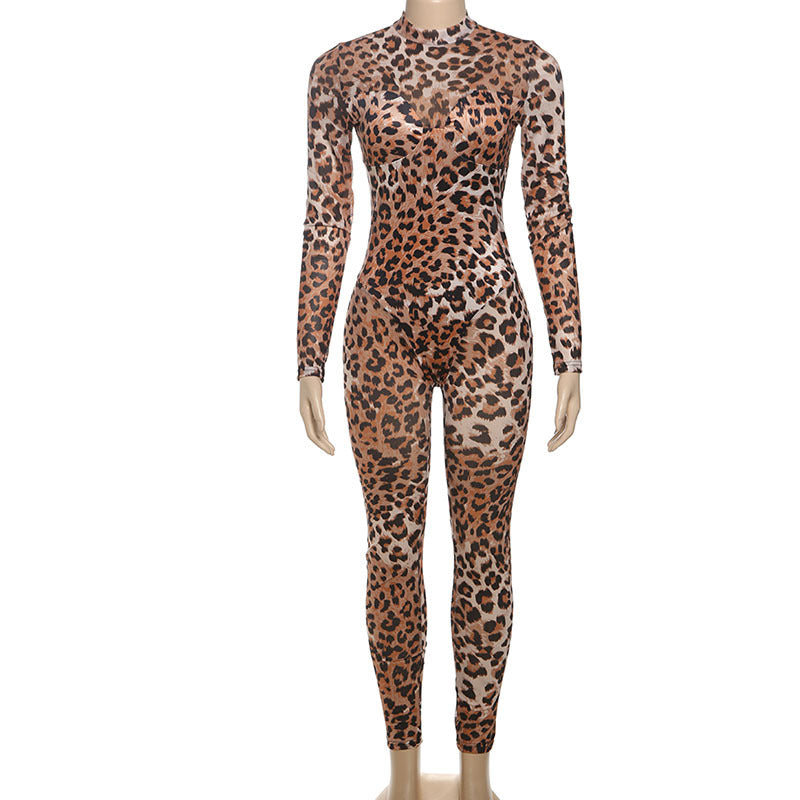 MB1136 Leopard Print Long-Sleeve Bodycon Jumpsuit