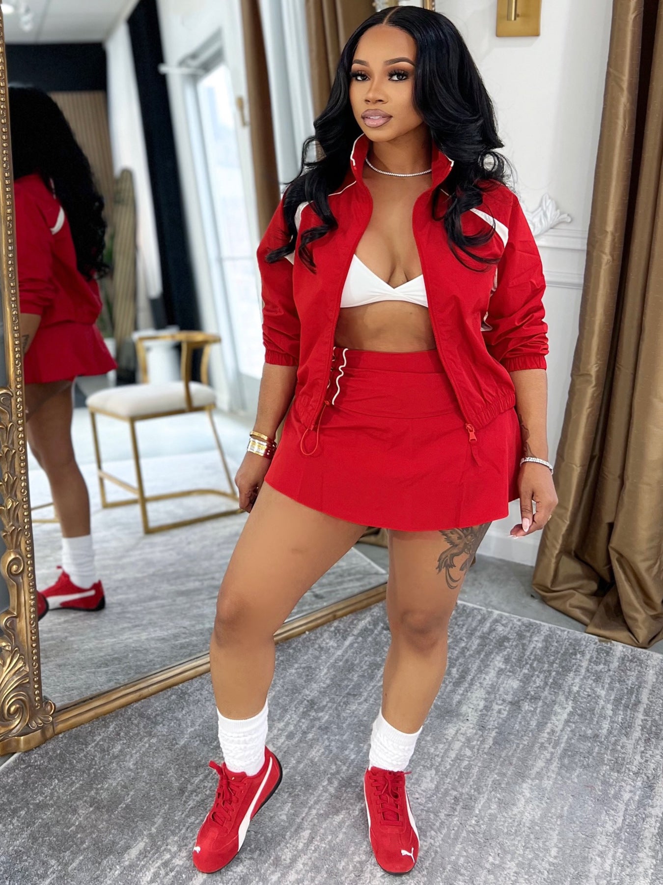 MB1728 Two Piece Tracksuit Set – Zip Up Crop Jacket & Lace Up Skort with Built-in Shorts