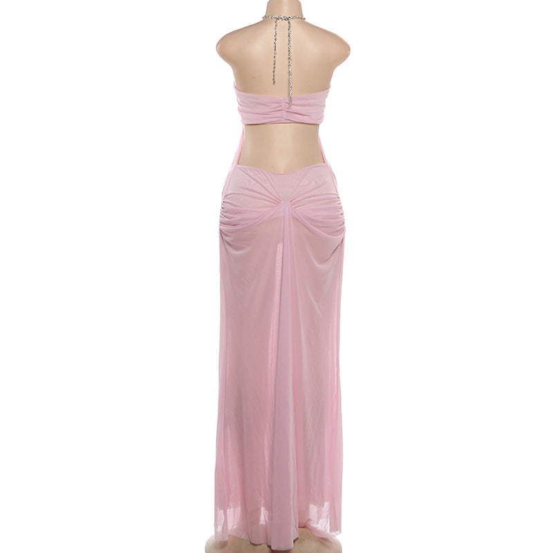 MB1902 Light Blue Sheer Mesh Halter Maxi Dress – Rhinestone Cutout Party Gown