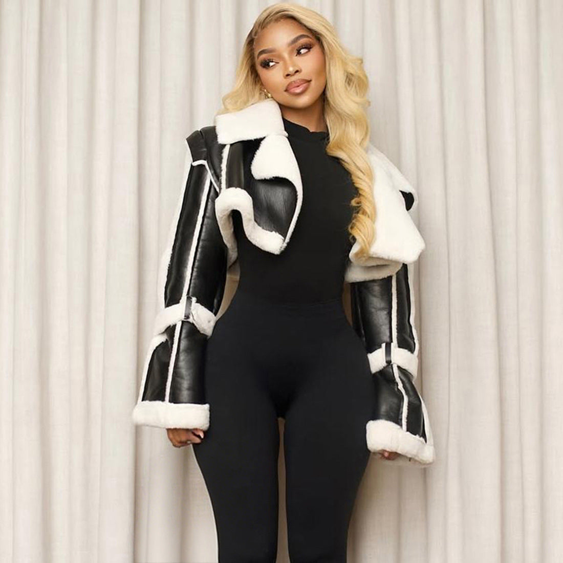 MB1133 PU Leather Shearling Collar Cropped Jacket