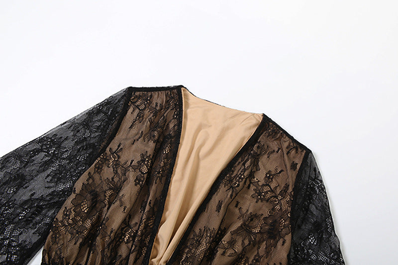 MB1141 Black Sheer Deep V Crop Top & Mini Skirt for Women