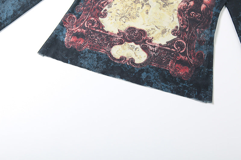 MB1138 Vintage Print Long Sleeve Mesh Top