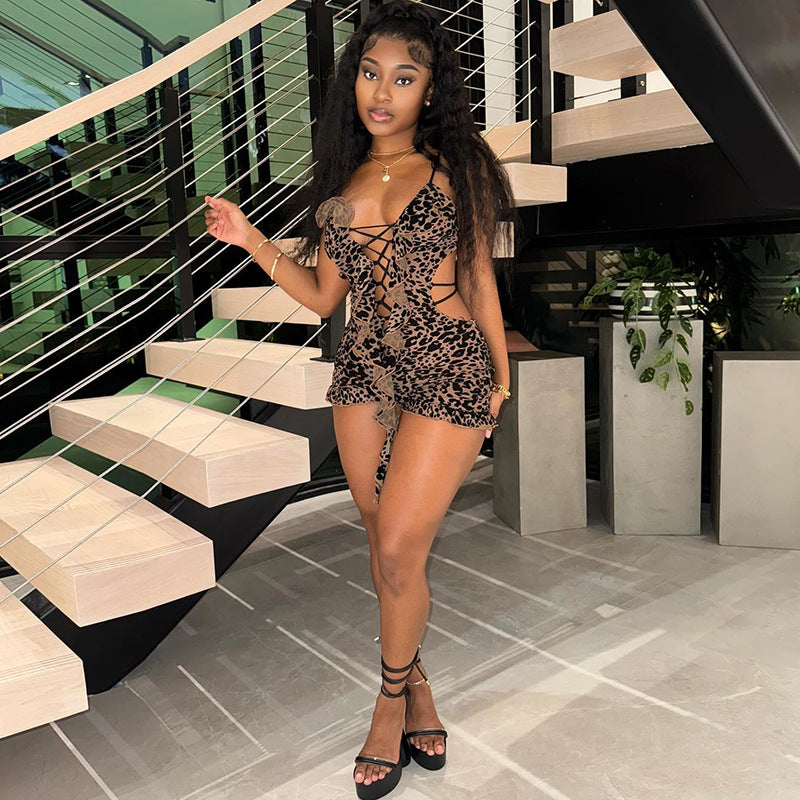 MB1502 Leopard Print Lace-Up Sheer Romper