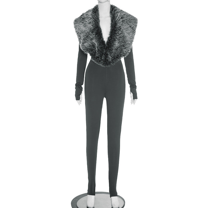 MB1065 Bodycon Jumpsuit with Faux Fur Collar & Footed Design