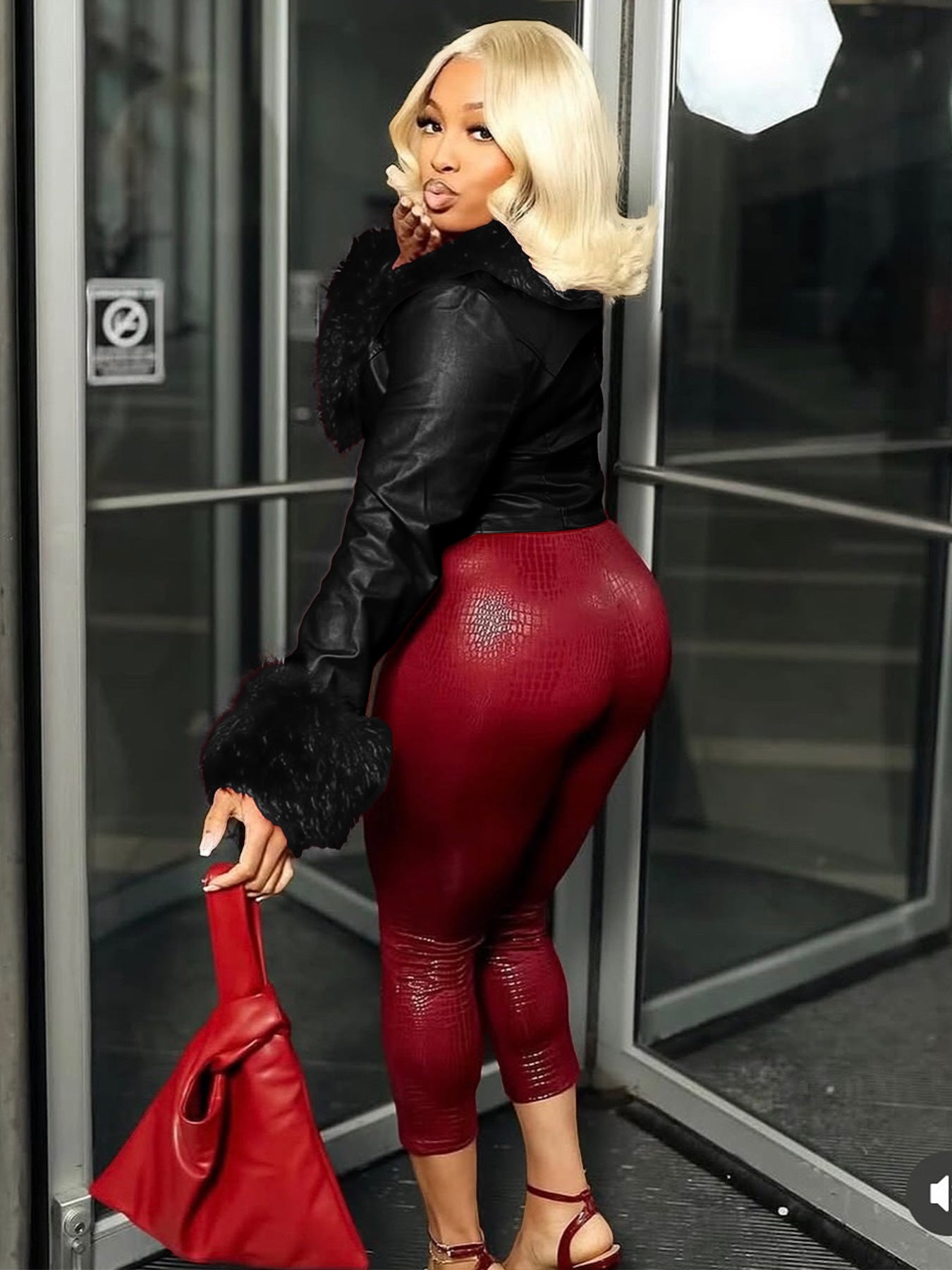 MB1707 Feather Collar & Cuff Trim Cropped Leather Zipper Jacket for Women