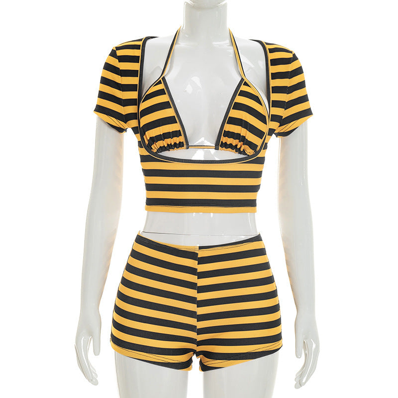 MB10164 Striped 3 Piece Outfit Women | Halter Tie Bralette + Short Sleeve Crop Top + Ruched Drawstring Shorts Matching Set