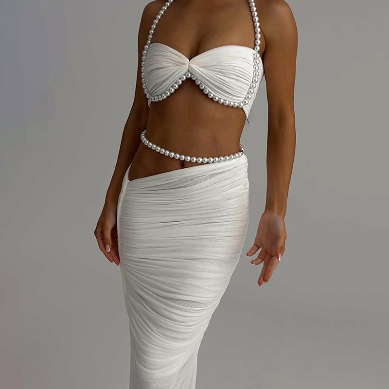 MB1128 Pearl Accent Crop Top & Ruched Bodycon Maxi Skirt Two Piece Set