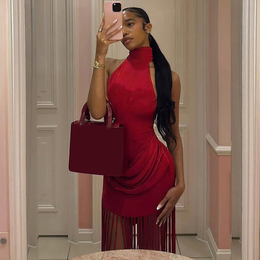 MB1158 Women's Halter Neck Maxi Dress with Long Fringe Tassels