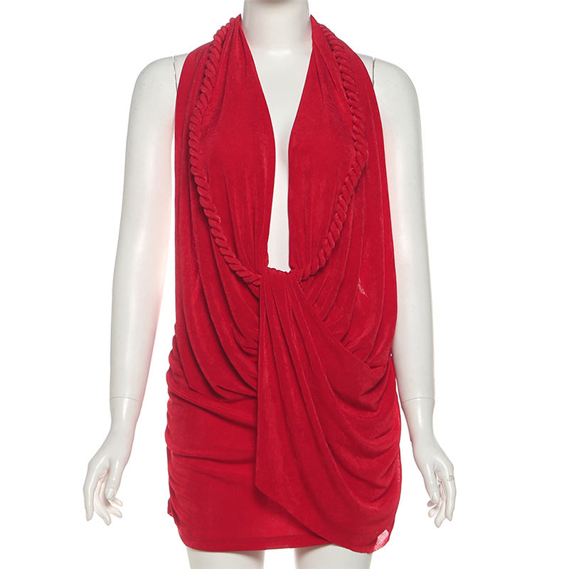 MB1116 Halter Deep V Backless Mini Dress