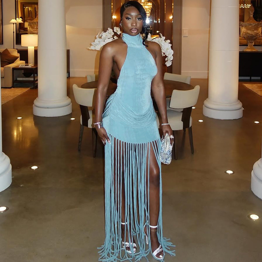 MB1158 Women's Halter Neck Maxi Dress with Long Fringe Tassels