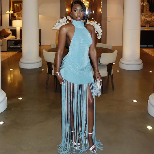 MB1158 Women's Halter Neck Maxi Dress with Long Fringe Tassels