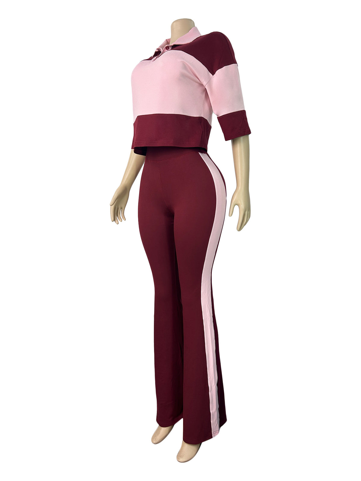 MB1736 Color‑Block Cropped Polo Top & Side‑Stripe Flare Pants 2‑Piece Set